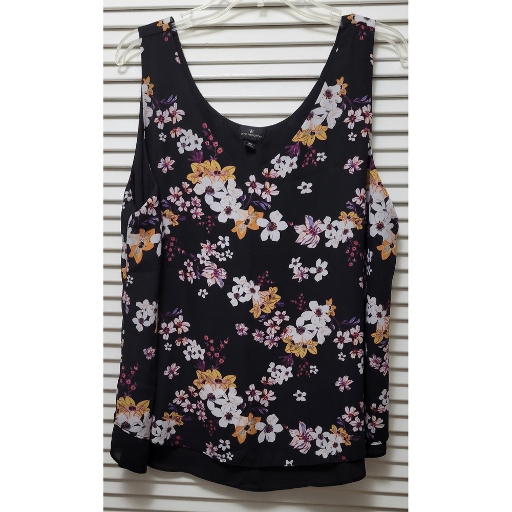 Womens XL Black Floral V-Neck Bright Layered Hem Blouse Top classy or casual